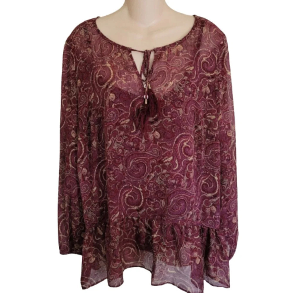 Rose & Olive Sheer Maroon Printed Top w/Tank Underneath Size Women's Medium